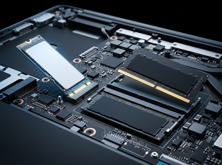 Interior de notebook com um SSD M.2 sendo encaixado no slot e pentes de memória ao lado